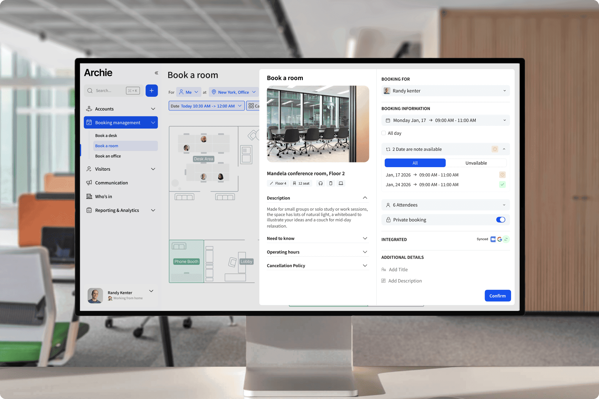 Archie's web interface showing room booking options and details.